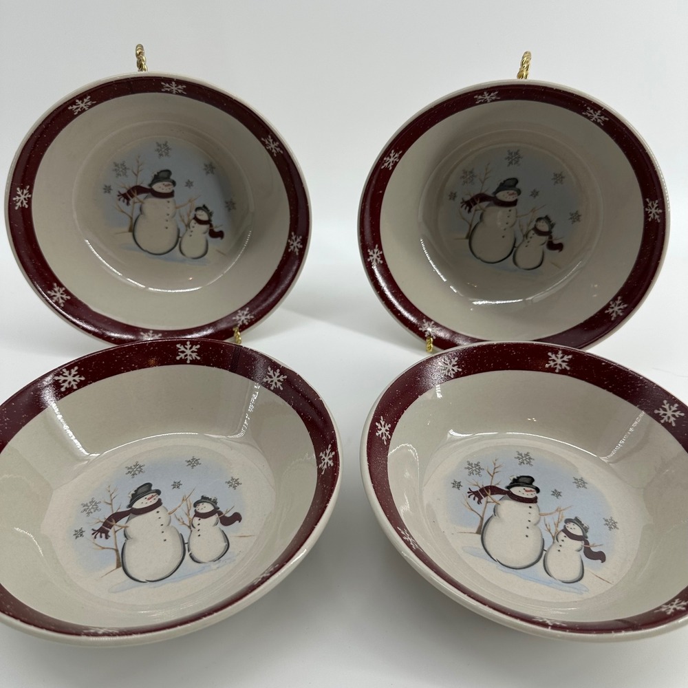 Royal Seasons Holiday Cereal Bowls Red Exc Snowman Snowflake Stoneware Set of 4